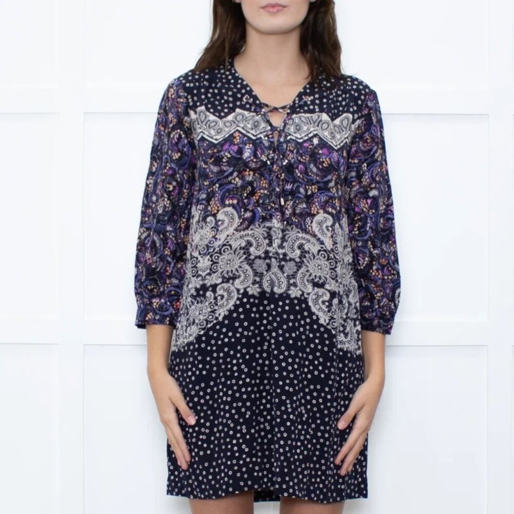 SALONI Purple Blue Silk Paisley Print Lace-Up Mini Tunic Dress NWT, Size 10